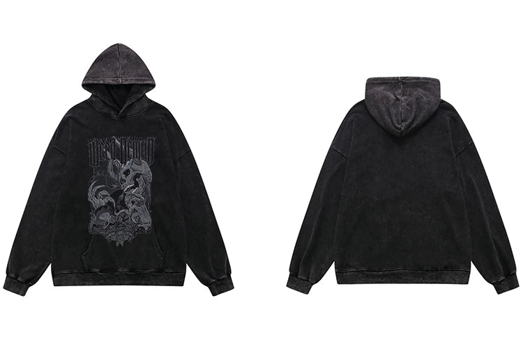 Hip Hop Streetwear Hoodie Sweatshirt Washed Vintage Devil Skull Skelet
