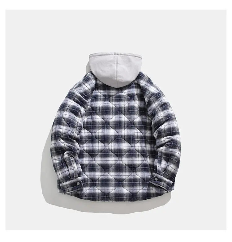 Winter Quilted Thick Plaid Hooded Jacket Men Wmen Streetwear Fashion Oversize Loose Casual Hoody Jacket Padded-cotton Parka Coat