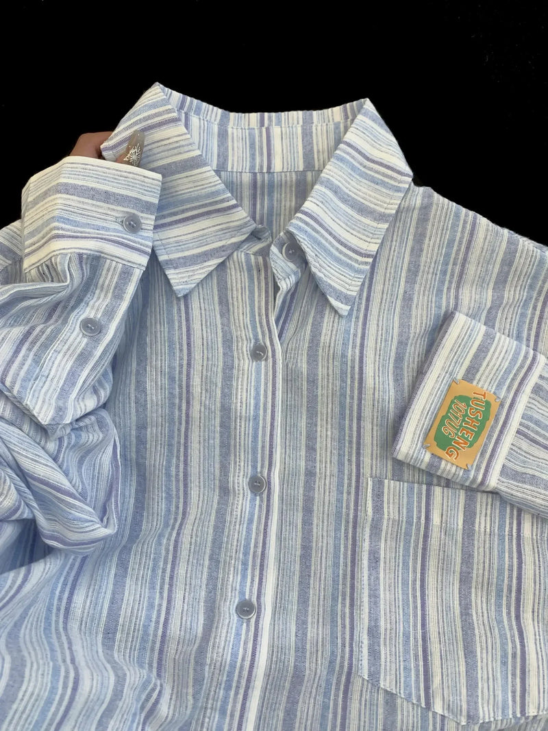 Early Autumn Sweet Striped Polo Collar Long Sleeved Shirt Womens Autum