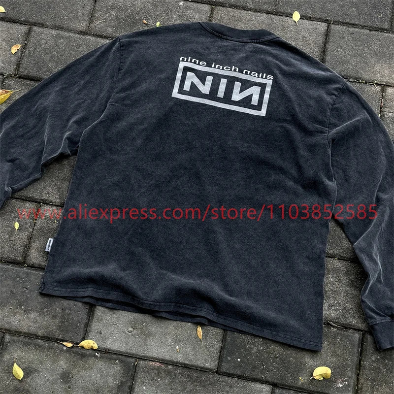2024 Autumn Vintage American Long Sleeve Street Hip Hop West Coast High Street Heavy Weight High Quality Washed Print 100%Cotton