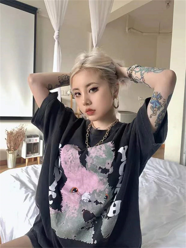 Skatercore Streetwear top – High Quality Vintage Rabbit Print Washed Street Short Sleeve
