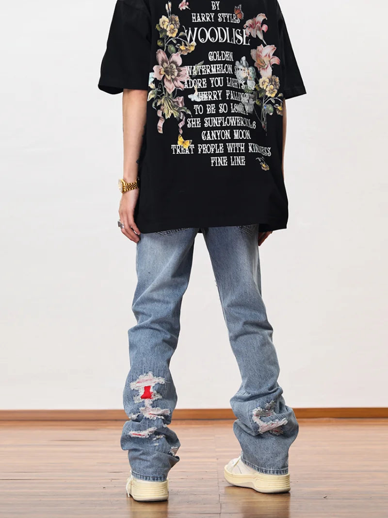 men distressed ripped destroied denim jean pants new fashion patchwork biker jeans streetwear flare pants jogger y2k men s jeans streetwear sweatpants