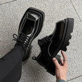 Men Streetwear Dark Black Fashion Thick Sole Platform PU Leather Casual Luxury High Street Increase Square Derby Shoes Man