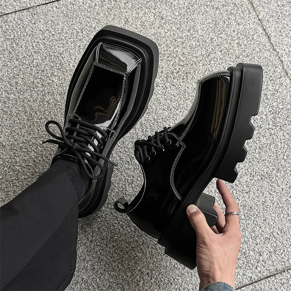 Men Streetwear Dark Black Fashion Thick Sole Platform PU Leather Casual Luxury High Street Increase Square Derby Shoes Man