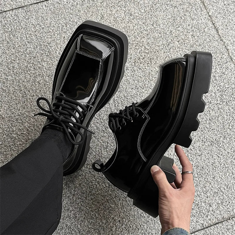 Men Streetwear Dark Black Fashion Thick Sole Platform PU Leather Casual Luxury High Street Increase Square Derby Shoes Man