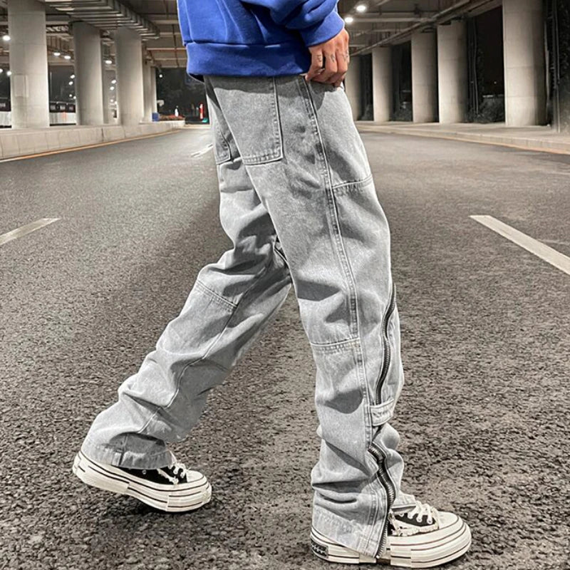 fashion denim straight pants hip hop jeans with zipper streetwear trousers new summer casual joggers men designer jeans for men urban active pants