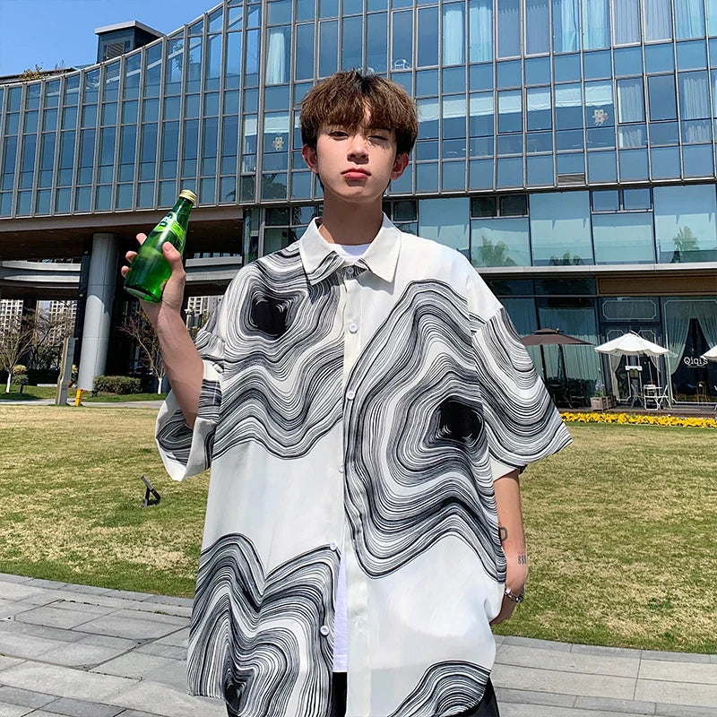 Summer Short Sleeved Shirt Men Retro Printed Shirt Men Streetwear Loose Ice Silk Shirt