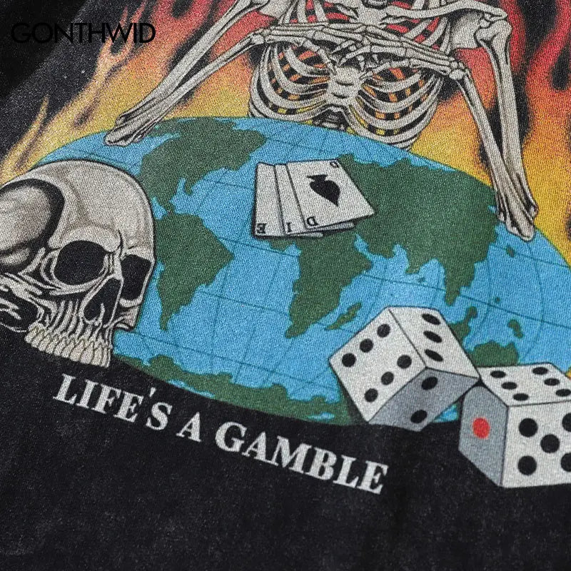 Sadcore Graphic tee – Men Long Sleeve Tshirt Hip Hop Flame Skull Skeleton Poker Pr