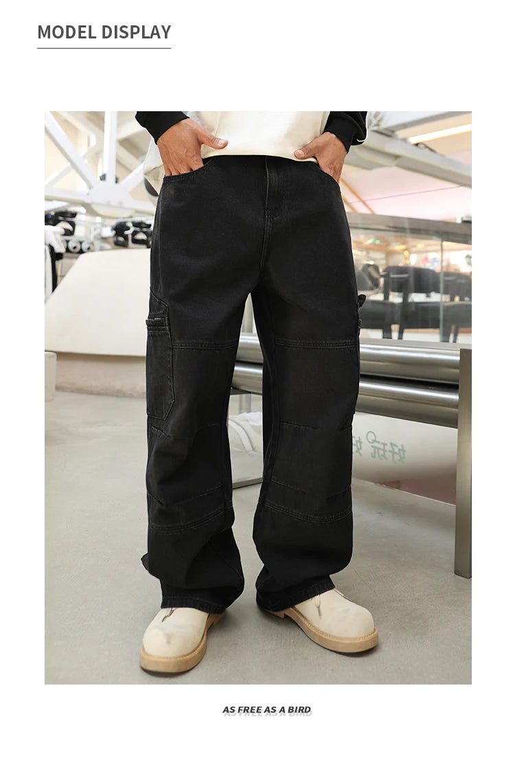men american streetwear fashion loose casual hip hop wide leg black denim baggy jeans pants man y2k cargo jeans trousers unique cargo style 2334