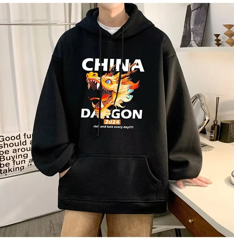 2024 New China Dragon Graphic Hoodies Men Hip Hop Streetwear Hoodie