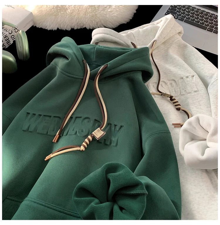 Embossed Letters Casual Hooded Sweatshirt Basic Colours Drawstring Cla