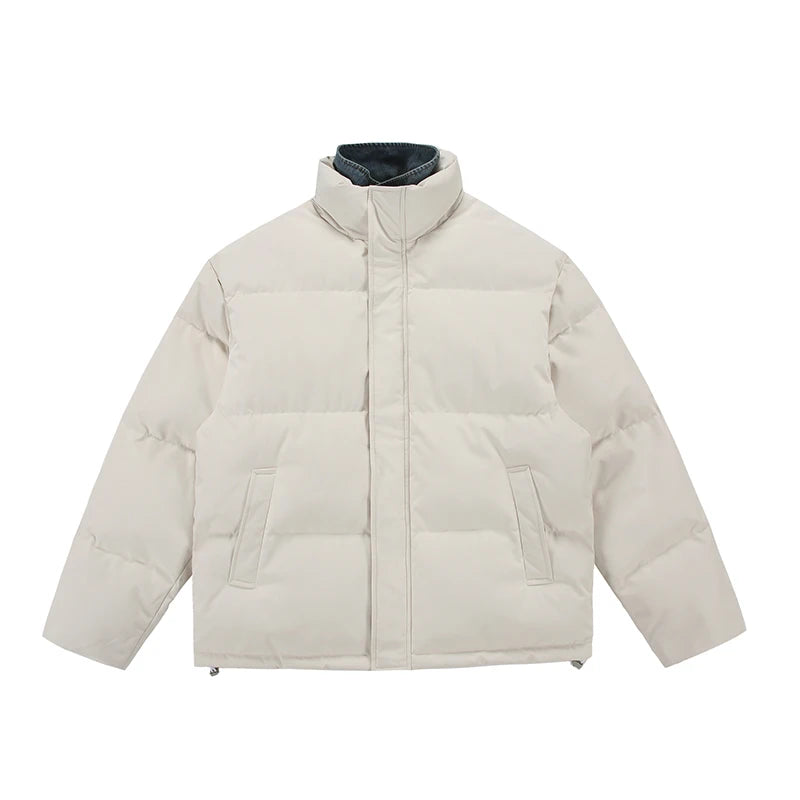 Winter Splice Denim Cotton-padded Jacket Men Women Stand Collar Fashion Loose Casual Thicken Warm Parkas Jacket Boyfriend Coat