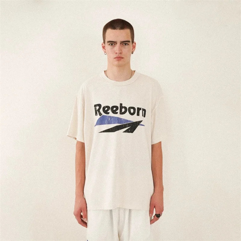 Anime Vintage t-shirt – False Letter Print Washed Distressed Faded Vintage Standard