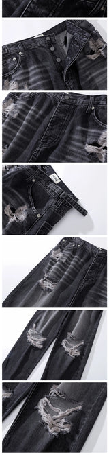 baggy damaged heavy industry washed jeans pants vibe loose casual silhouette straight worn pants knee ripped denim trousers unique jeans style 1186