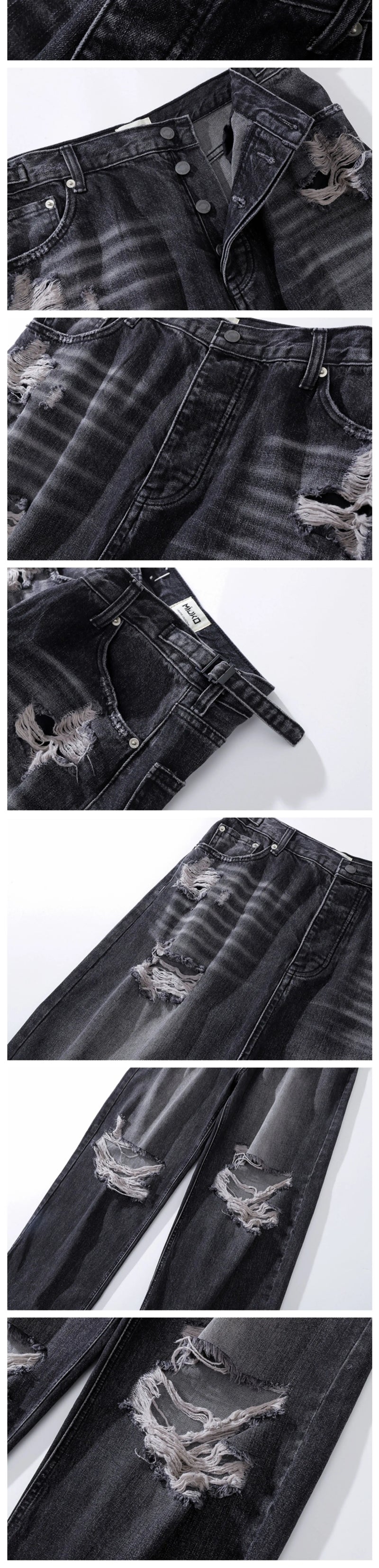 baggy damaged heavy industry washed jeans pants vibe loose casual silhouette straight worn pants knee ripped denim trousers unique jeans style 1186