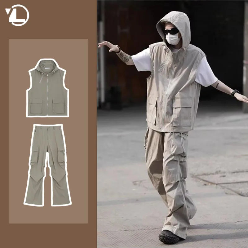 summer casual sleeveless set men hip hop loose hooded vest pockets straight leg cargo pants 2 piece outdoors sports camp suit unique cargo style 4427