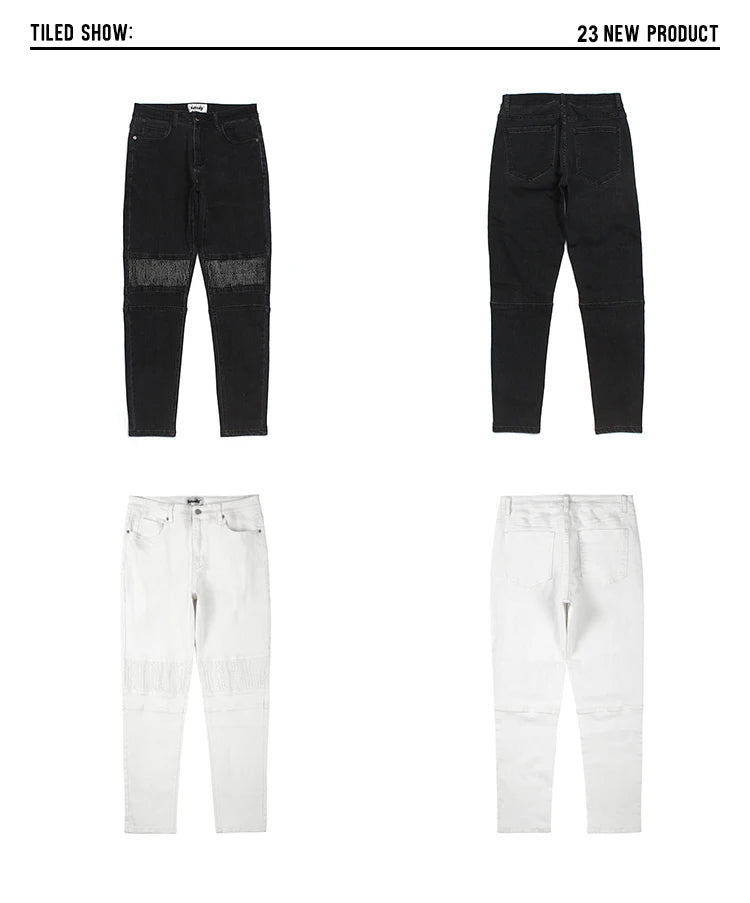 high street white knee pleated vertical stripe elastic fit skinny jeans male casual small leg jeans pants slim mens clothing unique jeans style 3685