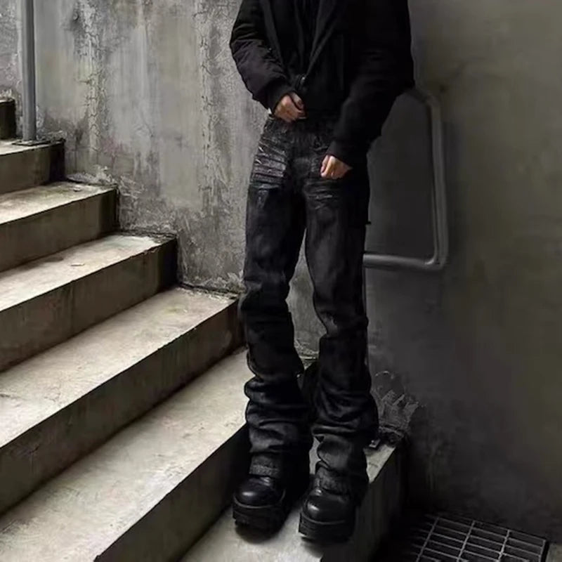 high street hand brushed glue sparkling baggy flare jeans for men y2k pantalones hombre leather pants oversized denim trousers unique jeans style 5954
