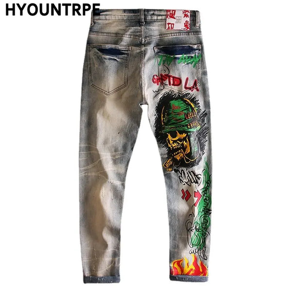 skull graffiti printed ripped denim jeans hip hop distressed biker jeans fashion streetwear slim pants joggers y2k men s jeans streetwear sweatpants
