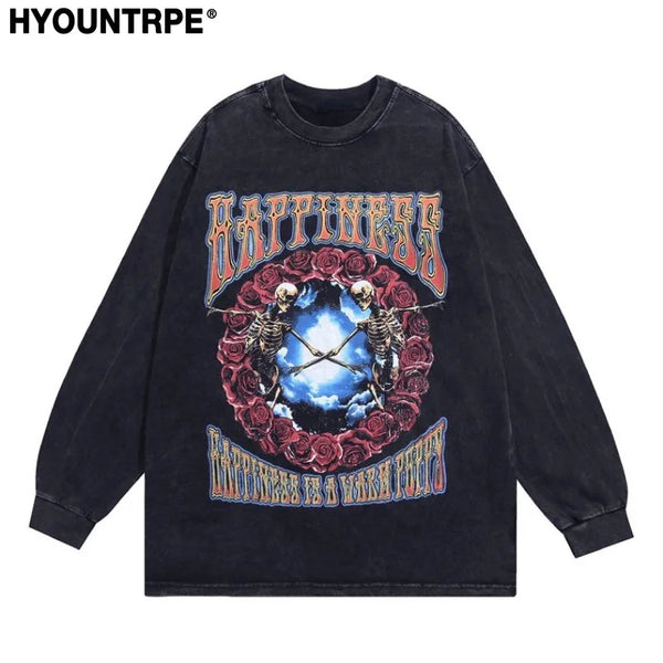 Gothic Vintage t-shirt – Distressed Washed T Shirt Harajuku Skull Letter Pritned Unis
