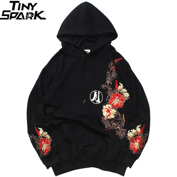 2023 Men Hip Hop Hoodie Sweatshirt Embroidered Floral Full Moon Rabbit Harajuku Streetwear Hoodie Pullover Cotton Autumn Hipster