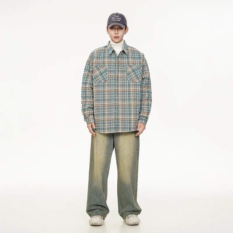 Autumn Winter Men Streetwear Fashion Loose Casual Oversize Plaid Cotton-padded Shirt Style Parkas Jacket Campus Couple Coat