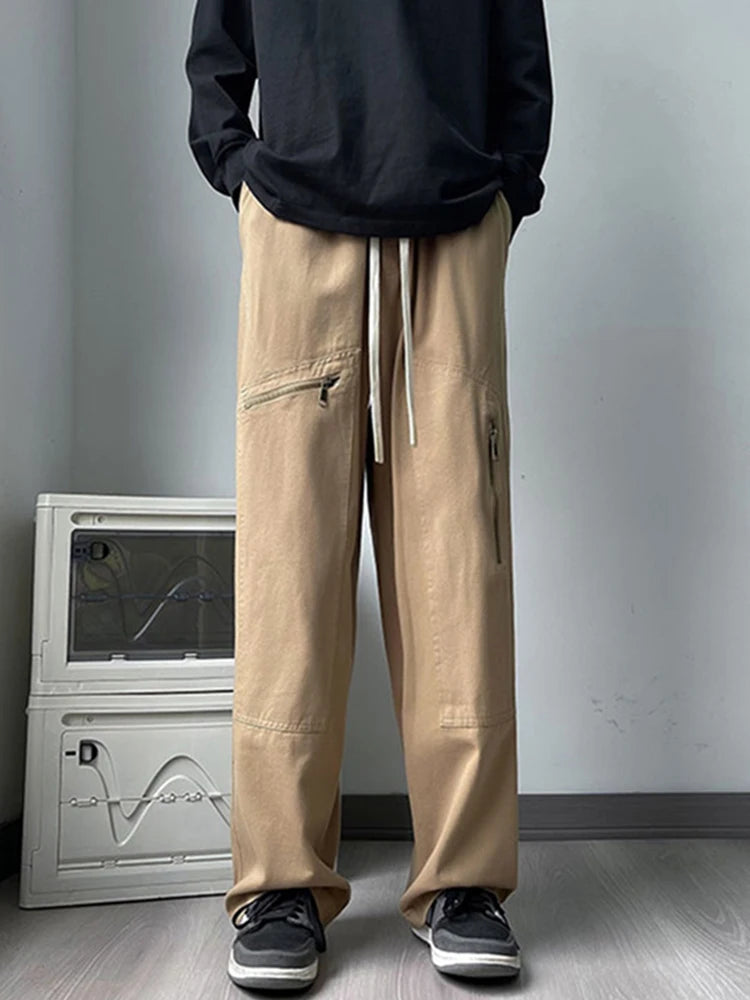 new korean fashion cargo straight pants for men autumn casual zipper pocket drawstring trousers classic tactical y2k pantalones unique cargo style 245