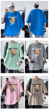 Anime Graphic tee – Funny Feel Good Bear Print Tops Man Casual Oversize T Shirt