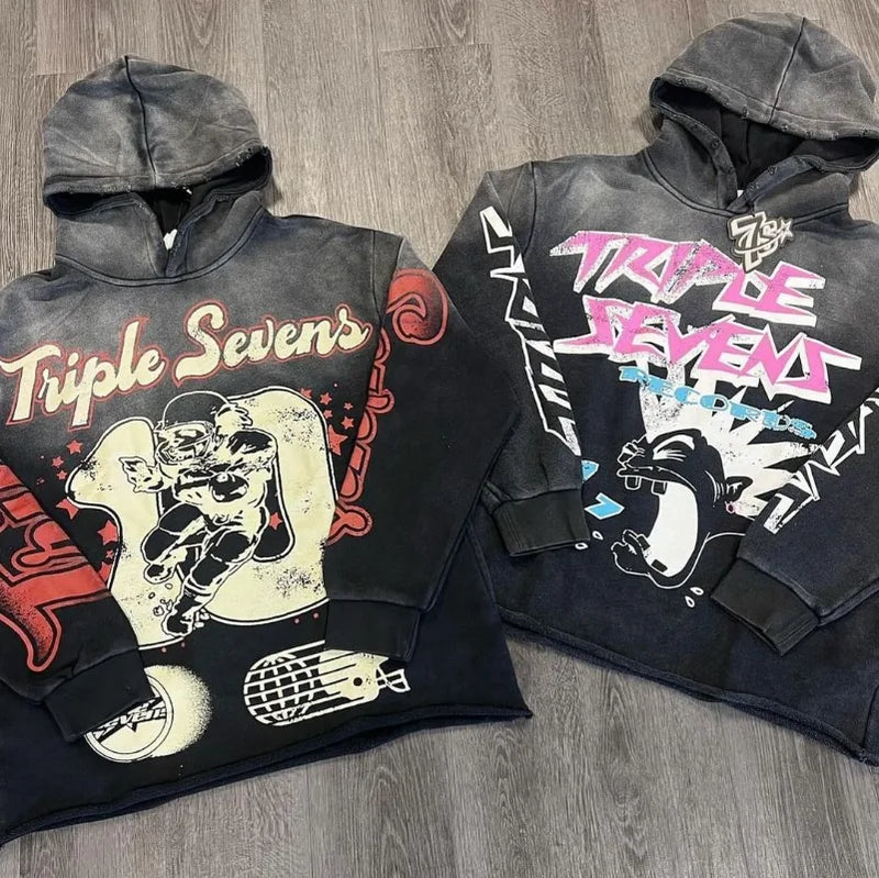 Street Hip Hop Rock Letters Anime Print Oversized Pullover Hoodie Men