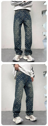 men jacquard streetwear hip hop vibe casual straight denim jeans pants boyfriend high street ripped jeans trousers unique jeans style 3114