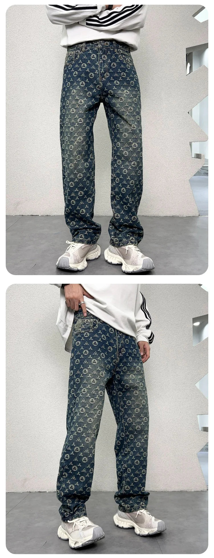 men jacquard streetwear hip hop vibe casual straight denim jeans pants boyfriend high street ripped jeans trousers unique jeans style 3114