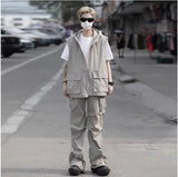 summer casual sleeveless set men hip hop loose hooded vest pockets straight leg cargo pants 2 piece outdoors sports camp suit unique cargo style 4411