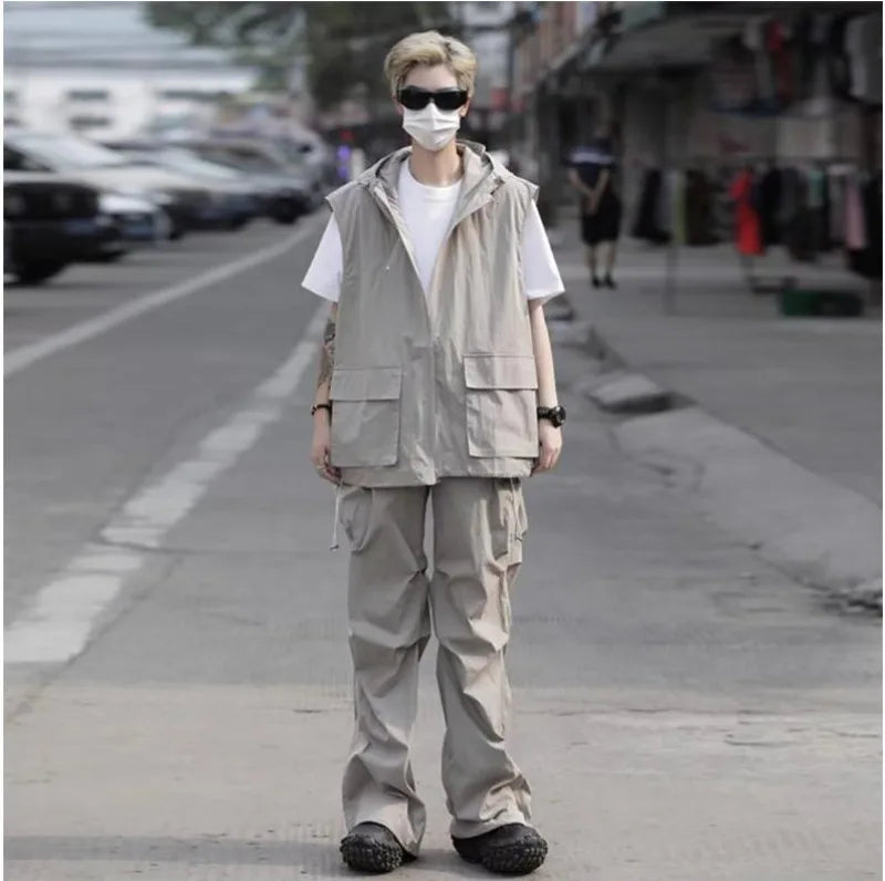 summer casual sleeveless set men hip hop loose hooded vest pockets straight leg cargo pants 2 piece outdoors sports camp suit unique cargo style 4411