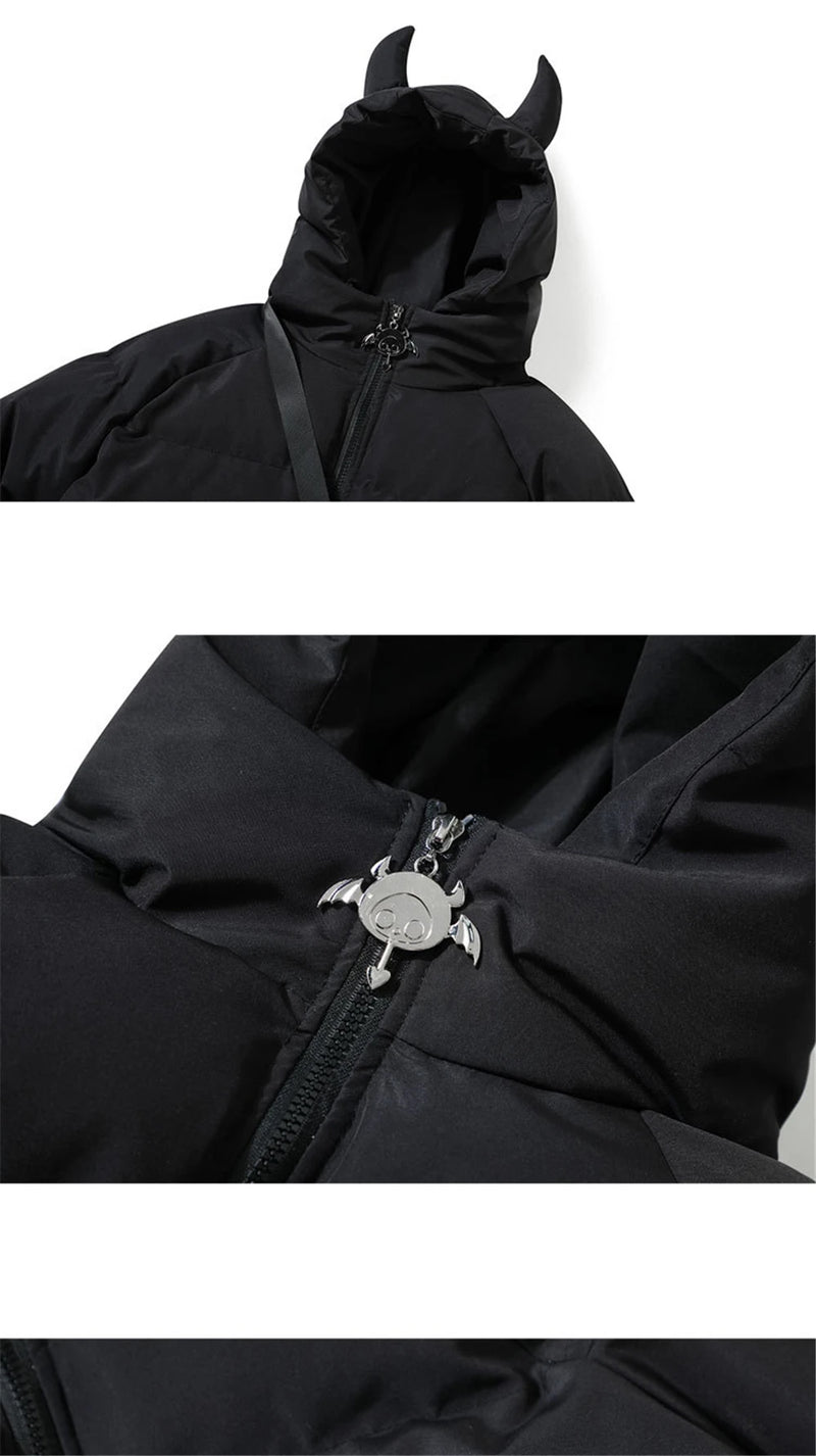 Devil Horn Hooded Jacket Parka with Bag 2023 Winter Streetwear Thick Warm Bubble Padded Coats Harajuku Casual Puffer Jackets