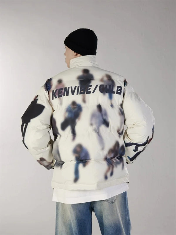 Hip Hop Jacket Parka Human Graffiti Print Men Winter Windbreaker Streetwear Harajuku Padded Jacket Coat Warm Outwear Hipster New