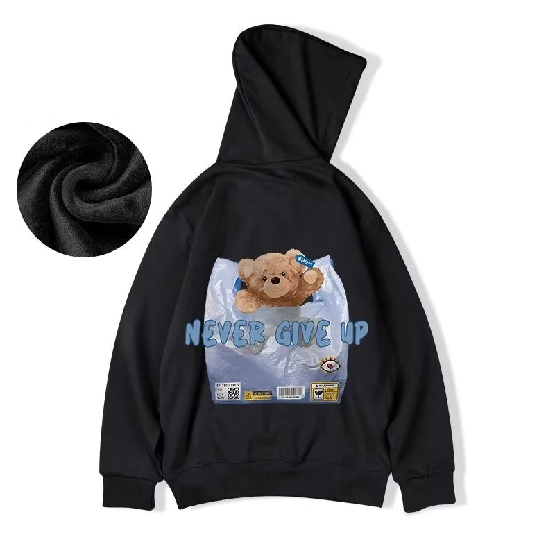 New Never Give Up Bear Printed Hoodies For Men Hip Hop Streetwear Pocket Pullover Sweatshirts Autumn Y2K Vintage Fleece Hoodie