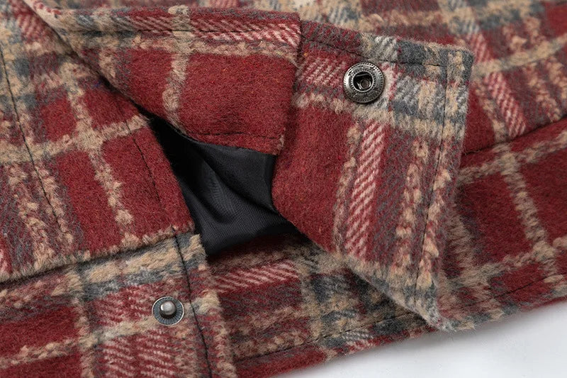 Autumn and Winter New Lattice Embroidery Woolen Jacket Shirt Japanese Retro Plaid Casual Loose Long Sleeved Jackets Coats
