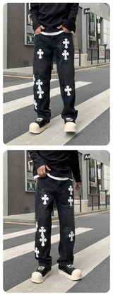 men embroidery streetwear brand fashion hip hop loose casual straight motorcycle denim jeans pant cityboy y2k jeans trousers unique jeans style 2492