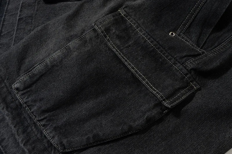 Men's and Women's High Street Vintage Splicing Cat Whisker Cargo Denim Shorts Zip Up Raw Edges Pockets Mens Jeans Shorts Ribbon