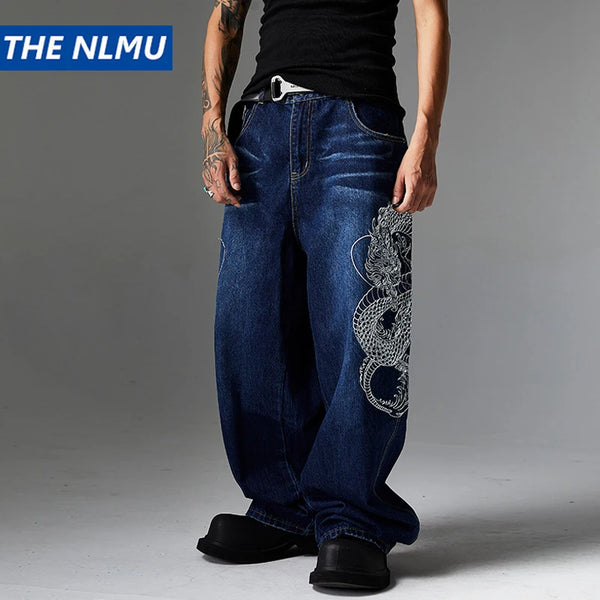 mens black baggy jeans dragon embroidered straight jeans streetwear hip hop loose trousers male luxury designer denim pants stacked flare jeans