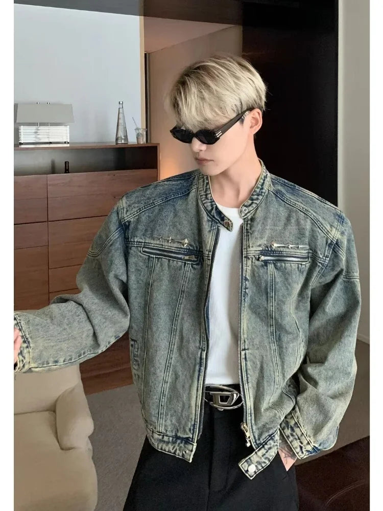 Mens Denim Jackets American Style High Street Zippers Coat Vintage Was