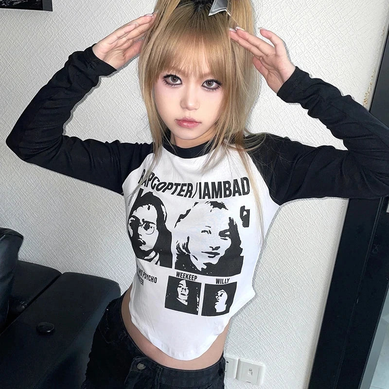 Harajuku Vintage print – Y2K Clothes Long Sleeve T Shirt Autumn Woman Black White Gra