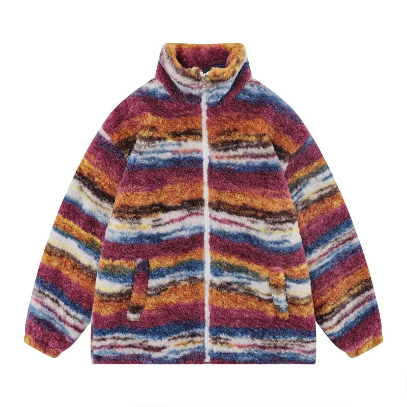 Trapwear Streetwear – Mens Casual Striped Fleece Jackets Coats New Hairy Stand – Streetwear Fashion for Men & Women