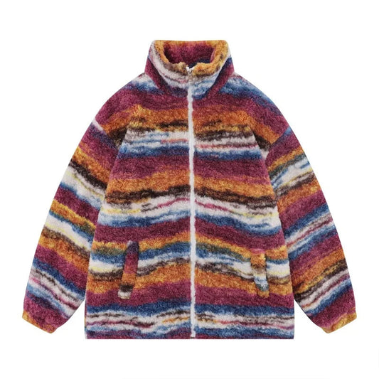 Trapwear Streetwear – Mens Casual Striped Fleece Jackets Coats New Hairy Stand – Streetwear Fashion for Men & Women