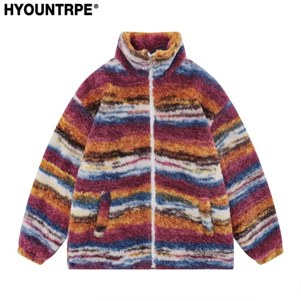 Trapwear Streetwear – Mens Casual Striped Fleece Jackets Coats New Hairy Stand – Streetwear Fashion for Men & Women