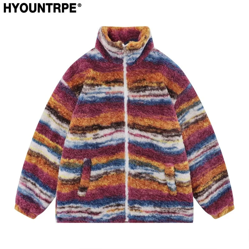 Trapwear Streetwear – Mens Casual Striped Fleece Jackets Coats New Hairy Stand – Streetwear Fashion for Men & Women