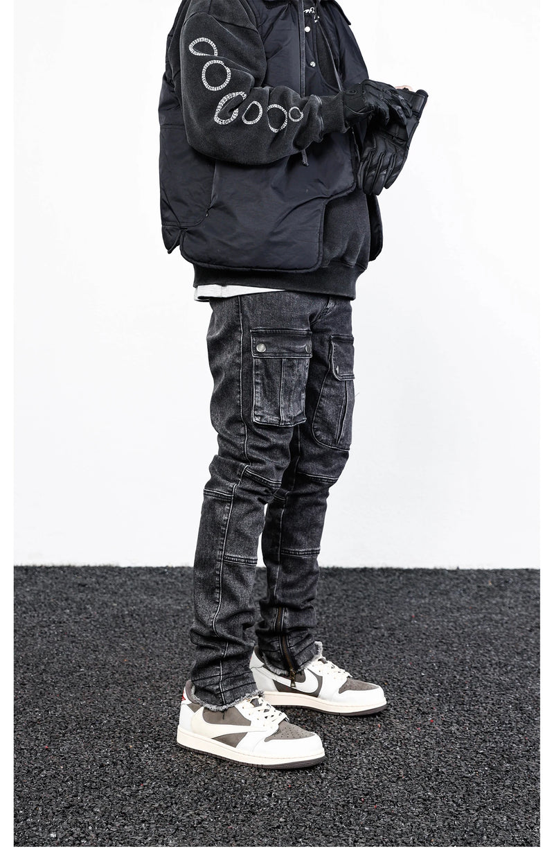 retro washed denim jeans mens bottom zipper jean trousers with pockets hip hop fashion high street slim fit pants joggers jeans unique joggers style 3104