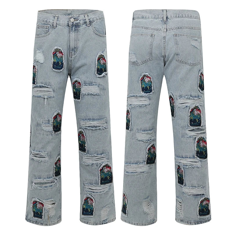 fashion ripped holes patchwork harajuku embroidery denim straight jean pants y2k trouser unisex hip hop streetwear jeans pants unique jeans style 4227