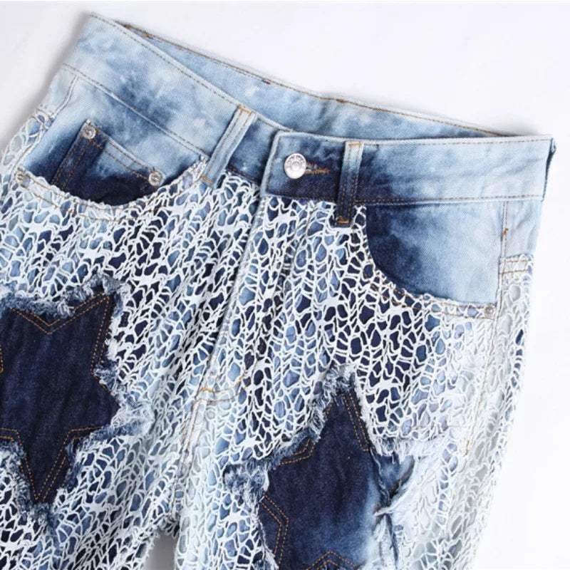 fashion stars patchwork mesh denim jeans new casual slim fit biker trousers skinny jeans men streetwear hip hop pants joggers urban active pants