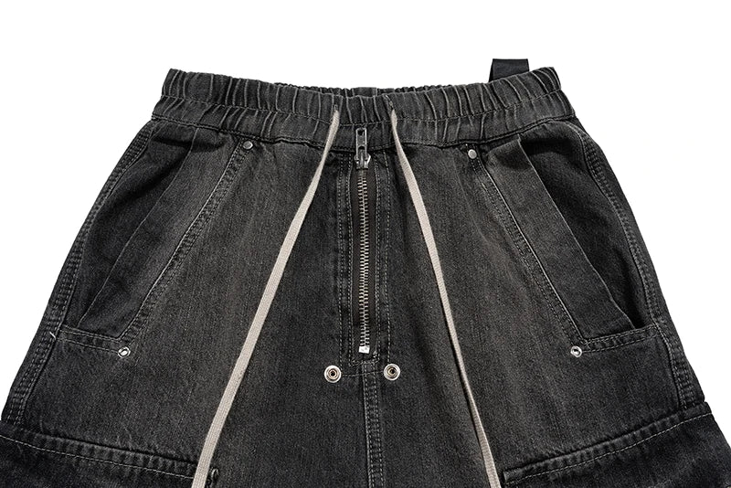 ro style ribbons wide leg multi pockets smoke grey baggy jeans for men straight pantalones hombre drawstring denim trousers unique jeans style 1207